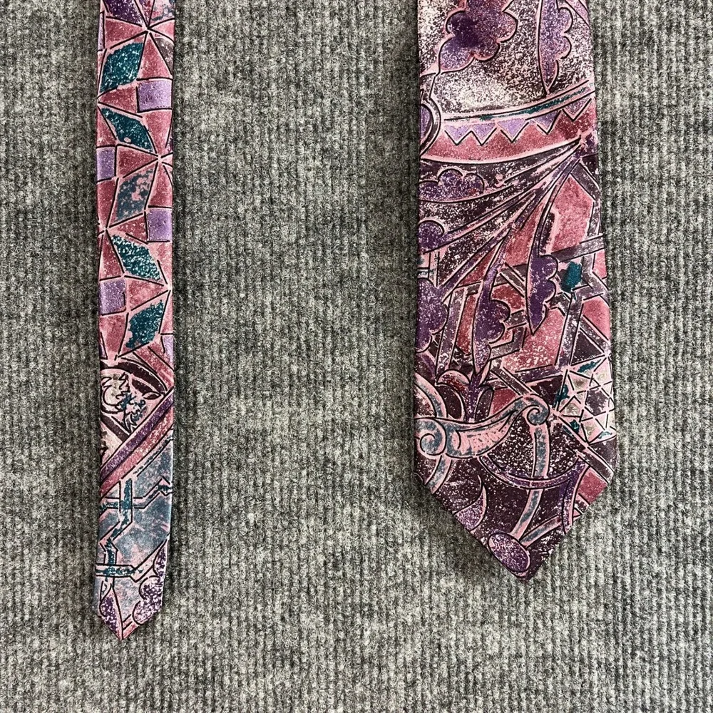 Vintage Mens Abstract Geometric Necktie Purple Mauve Teal Polyester RN 20170